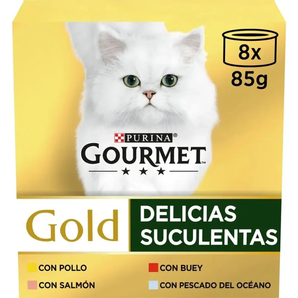 Gourmet Comida Húmeda Gold Delicias Suculentas de Pollo, Pescado, Salmón y Buey para Gatos - 12x85 gr