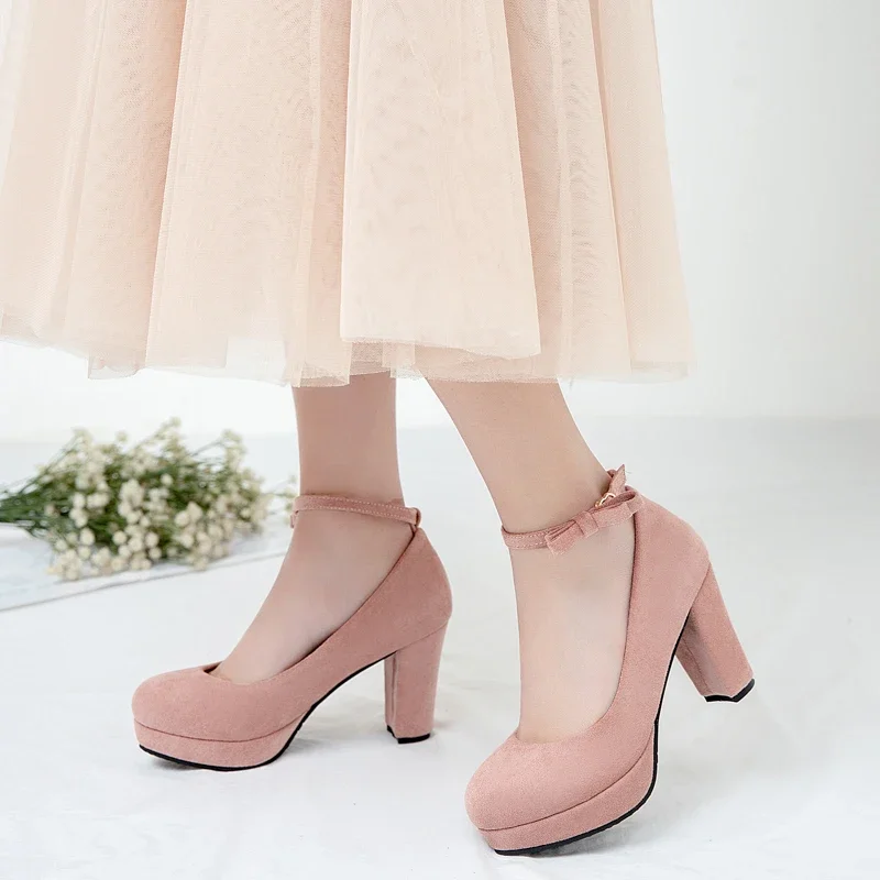 Teenager Girl Shoes Summer 2024 Faux Suede Bowknot Pumps Pink Beige Black Green Chunky Heels Ankle Strap Party Shoes New