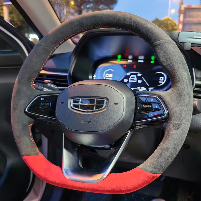 

Красный замшевый чехол на руль автомобиля своими руками для Geely Emgrand 2024 2025, сшитый вручную, нескользящий, с полным покрытием, салон автомобиля