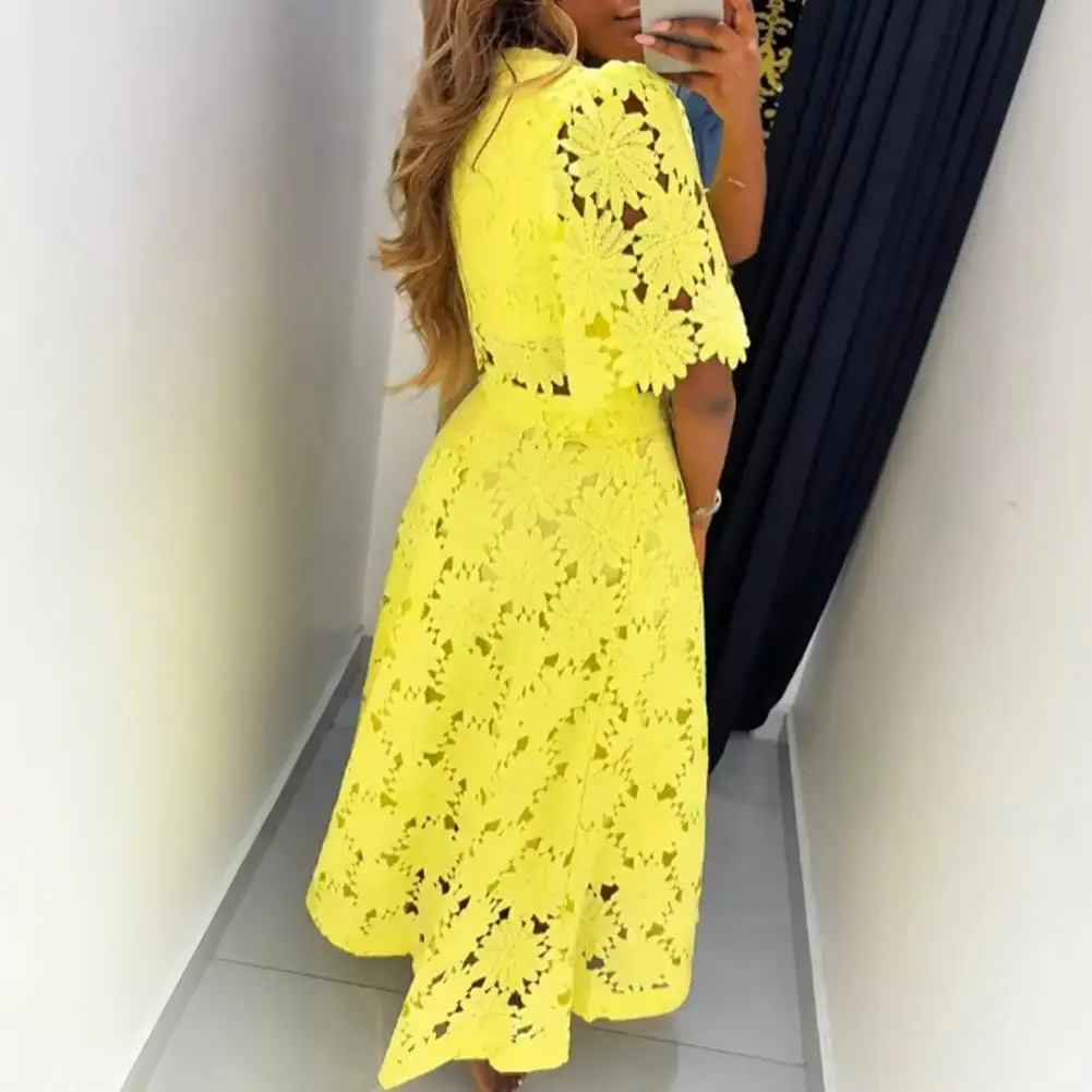 Elegant Hollow Out Women's Long Dresses Short Sleeves Embroidery Dress 2025 Spring Summer Female Solid Robe