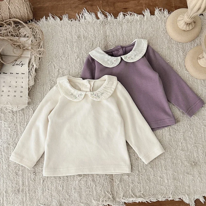 2024 New Autumn Newborn Baby Girls T-shirt Long Sleeved Cotton Embroidery Splicing Infant Baby Girls Pullover Tops