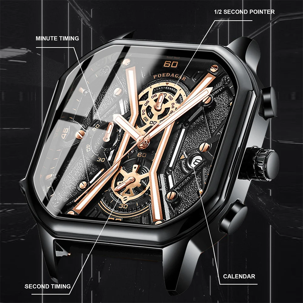 POEDAGAR Fashion Square Dial Chronograph Quartz Watch Men Luxury Leather Waterproof Luminous Date Men Watches Relogio Masculino