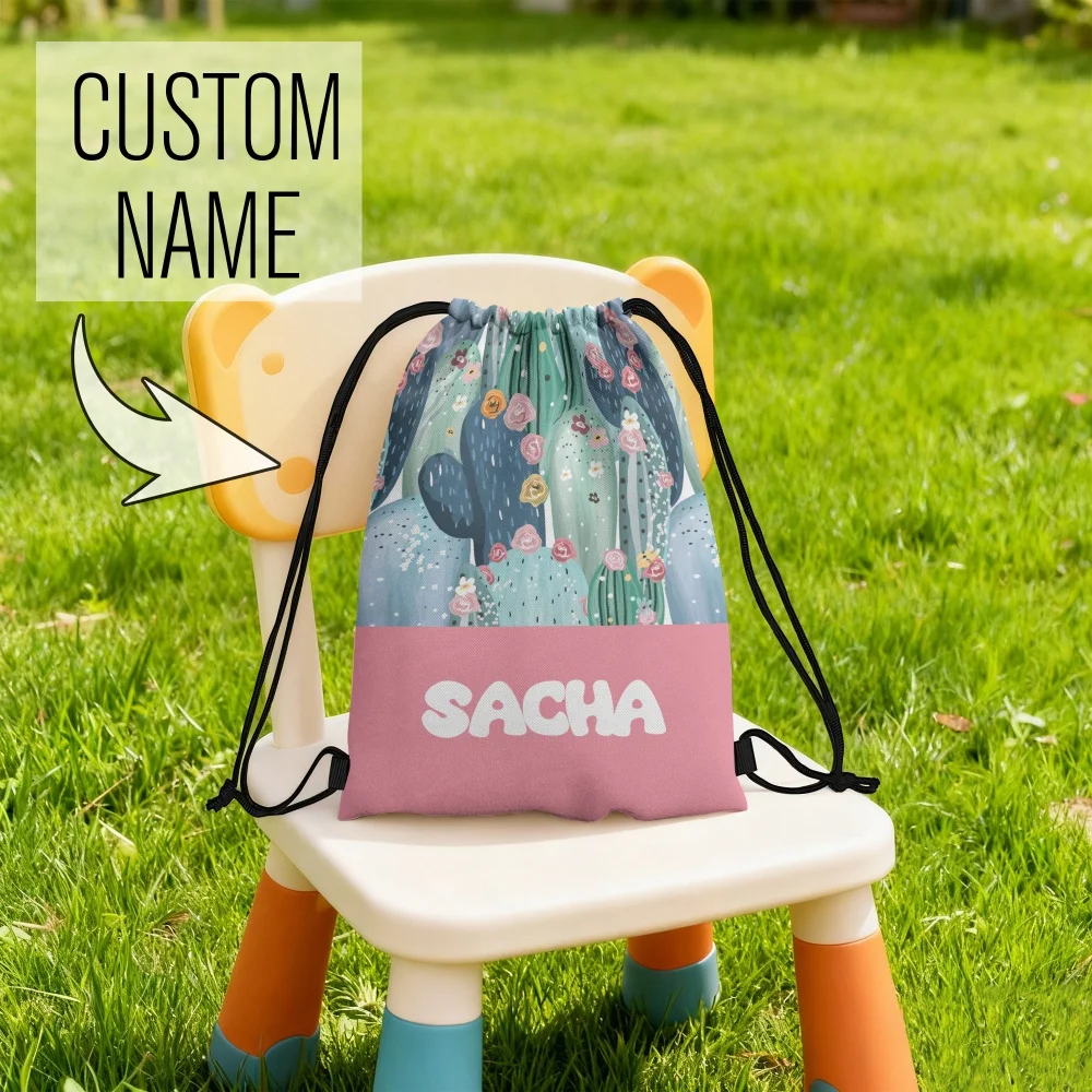 Custom Name Boho Cactus Floral Drawstring Backpack Personalized Sackpack Beach Outdoor Picnic Drawstring Gift Bag - view 6
