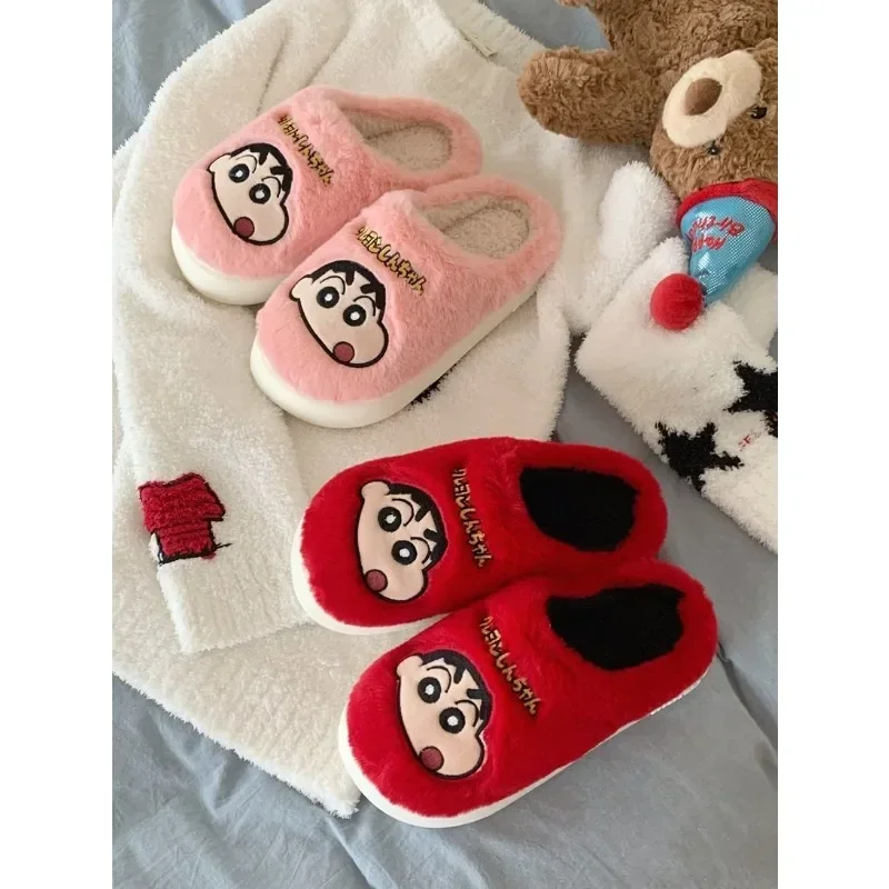 Cartoon anime Crayon Shin Chan plush slippers Girls\' winter home indoor warm cotton shoes men women lovers Wear non slip outside