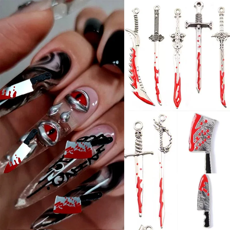 10pcs Halloween Many kinds of  Blood knife Nail Charms Metal Alloy Luxury Fake Blood Knife Nail Art DIY Manicure Decoration