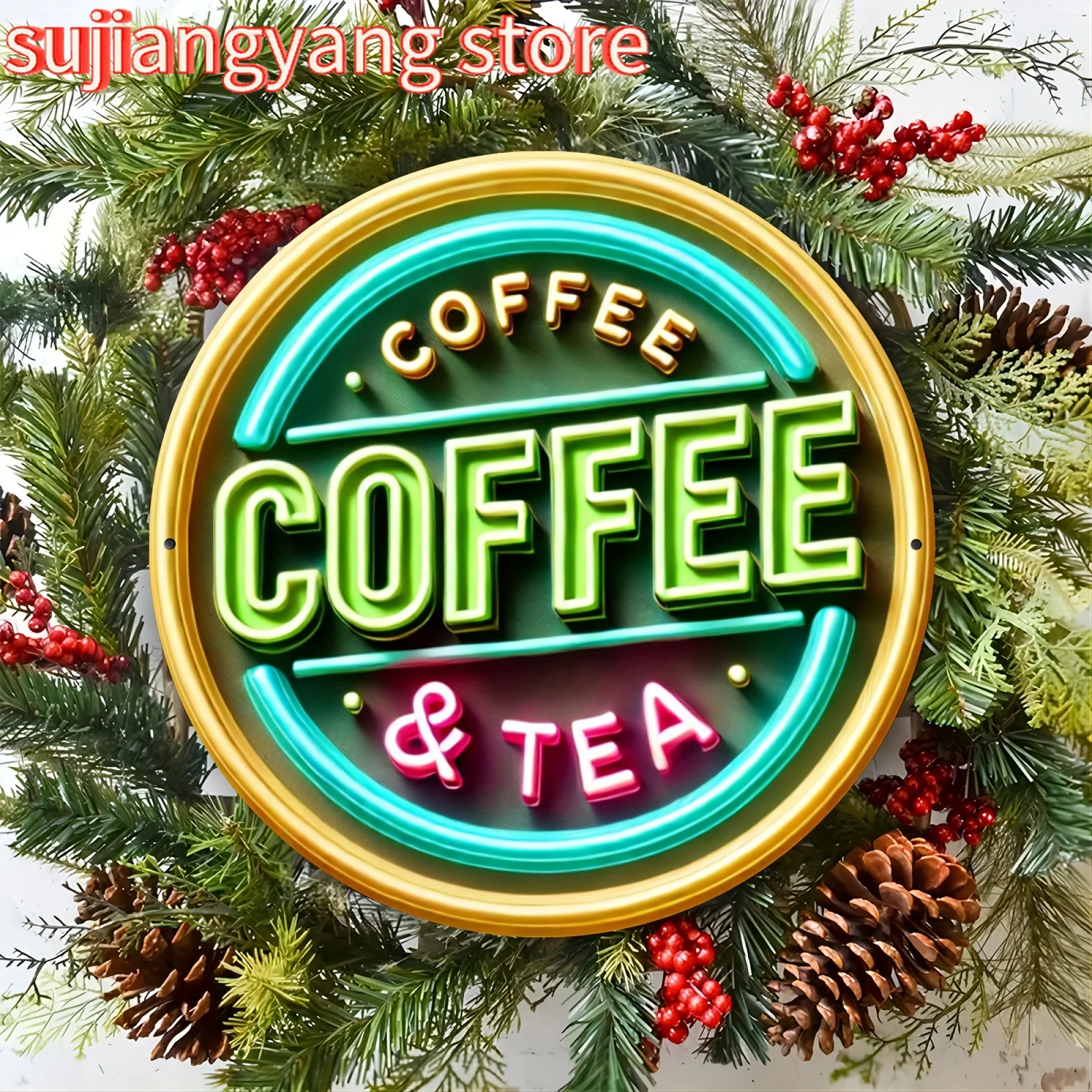 Vintage-Metallschild „Coffee & Tea“ – 20,32 x 20,32 cm, runde Aluminium-Wanddekoration für Zuhause, Café, Bar und Außenräume