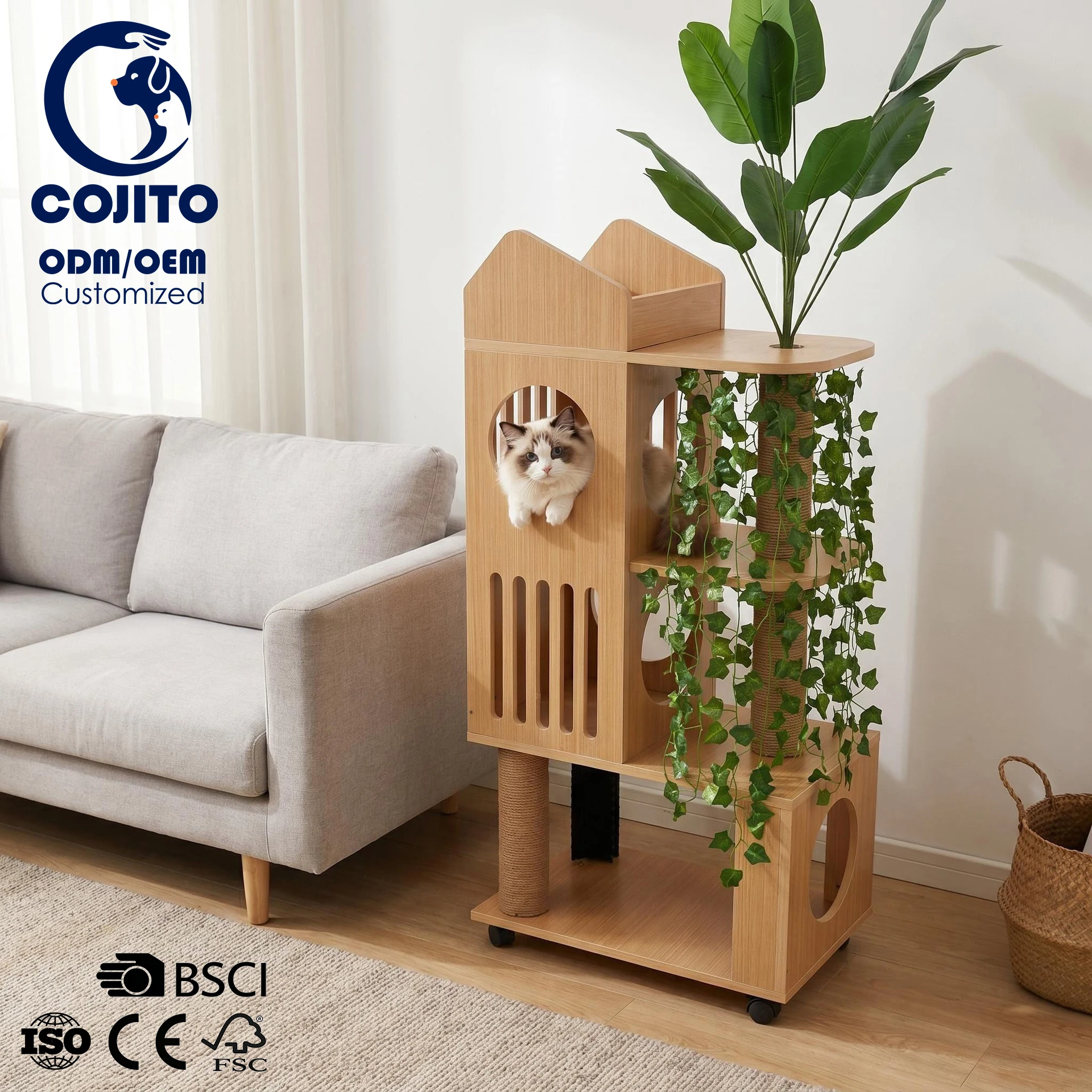 Customized Luxury Wooden Cat Tree Tower 4 Levels Sisal Scratching Posts Eco-Friendly Cat Climbing Frame Furniture Decorated
