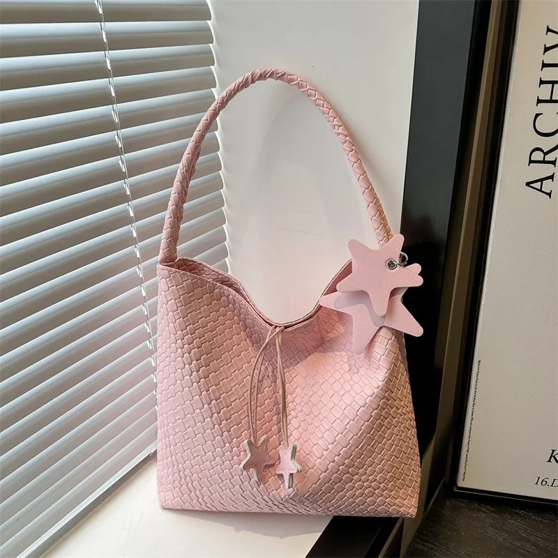 

Large Capacity Woven PU Bucket Shoulder Bags for Women Commuter Solid Color Ladies Star Handbag Simple Female Underarm Bag Tote
