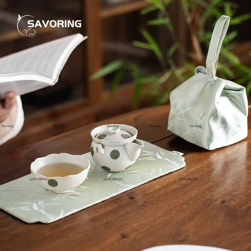 Hand-Painted Green Dot Tea Set Gaiwan Chinese Camping Cover Bowl Travel Luxury Porcelain Cup Tool Pot Ceremony Cups Accessories view 4