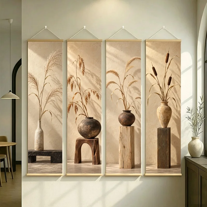 Wall Art Fountain Grass and Miscanthus, Serene Wabi-Sabi Botanical Silver Shimmer Canvas Hanging Scroll for Zen Sanctuary