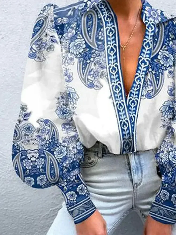 UOOZEE Vintage Blue Floral Printed Lapel Shirts For Women 2025 New Spring Summer Long Puff Sleeves Urban Casual Elegant Blouse