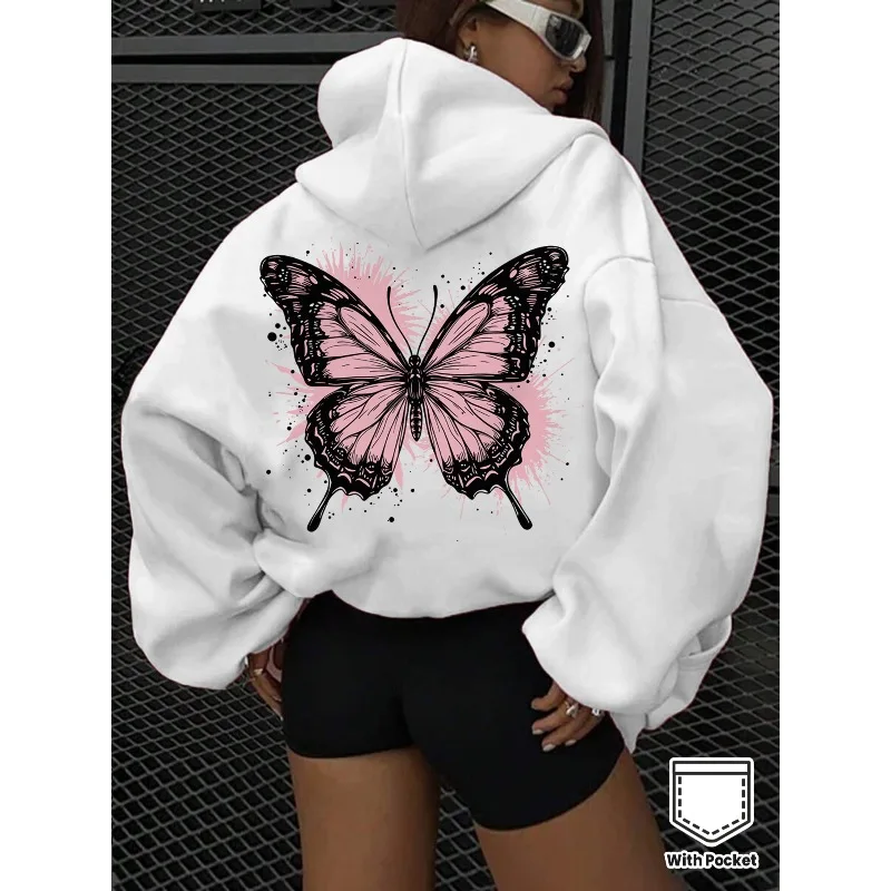 Women's oversized hooded sweatshirt with butterfly print and pockets - anti pilling comfortable sweater hooded sweatshirt