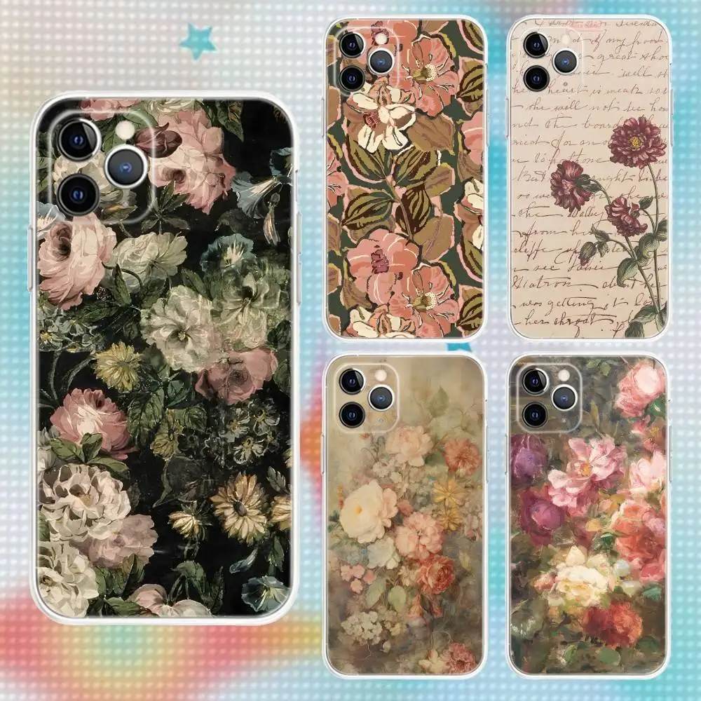 

Vintage Flowers Patterns Transparent Clear Soft Phone Case For iPhone 17,16,15,14,13,12,11,Air,X,XR,Pro,Max,Plus Cover