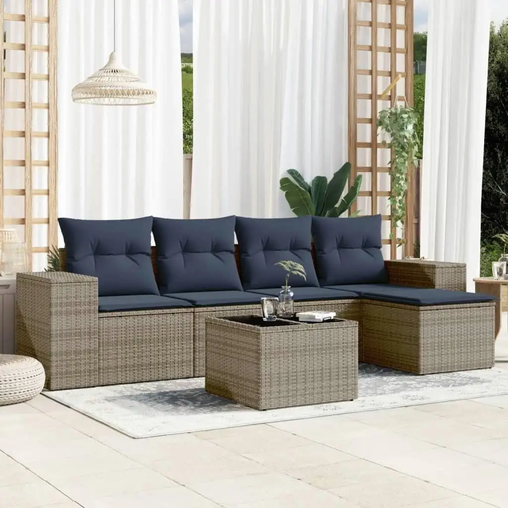 

6 Piece Gray Poly Rattan Patio Sofa Set with Cushions Outdoor Furniture Garden Lounge