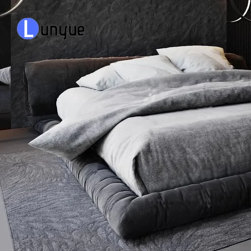 Modern Luxury Japanese Tatami Fabric Floor Bed with Side Table Low Profile Italian Style Double Bedroom Furniture Comfortable