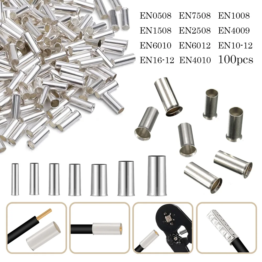 100Pcs Uninsulated Coppers Terminal 0.5mm2-6.0mm2 Bootlace Ferrules Cord End Electrical Cable Crimp Connector