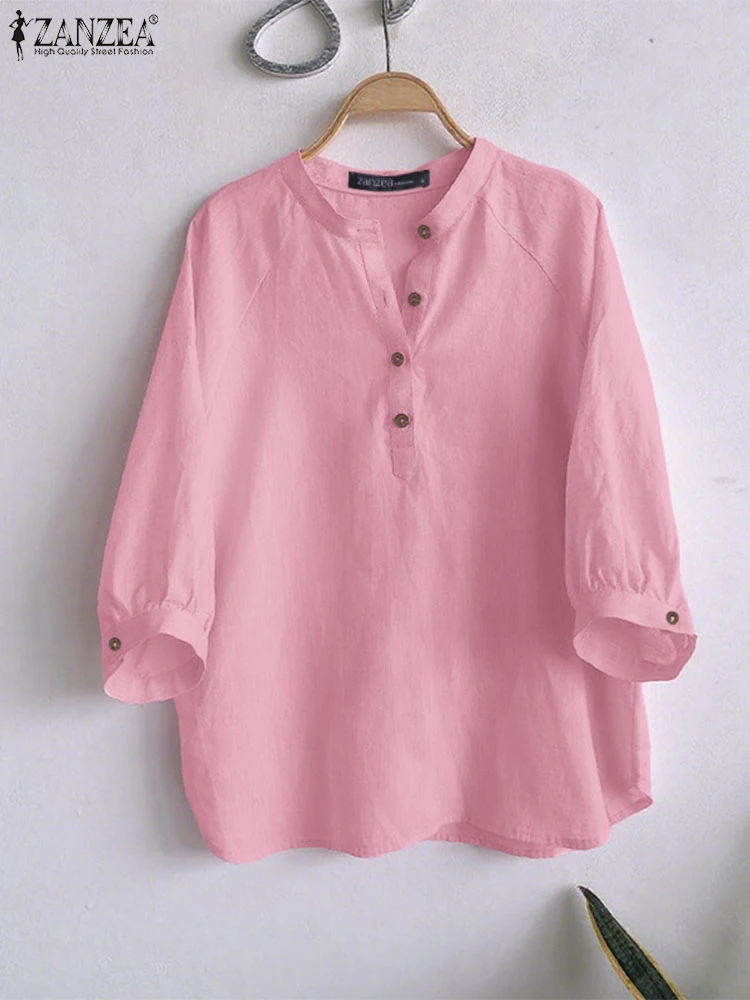 ZANZEA 2025 Herbst 3/4 Hülse Blusen Frauen Casual Rundhals Halbe Tasten Blusas Mujer Alltag Tragen Einfarbig Tops