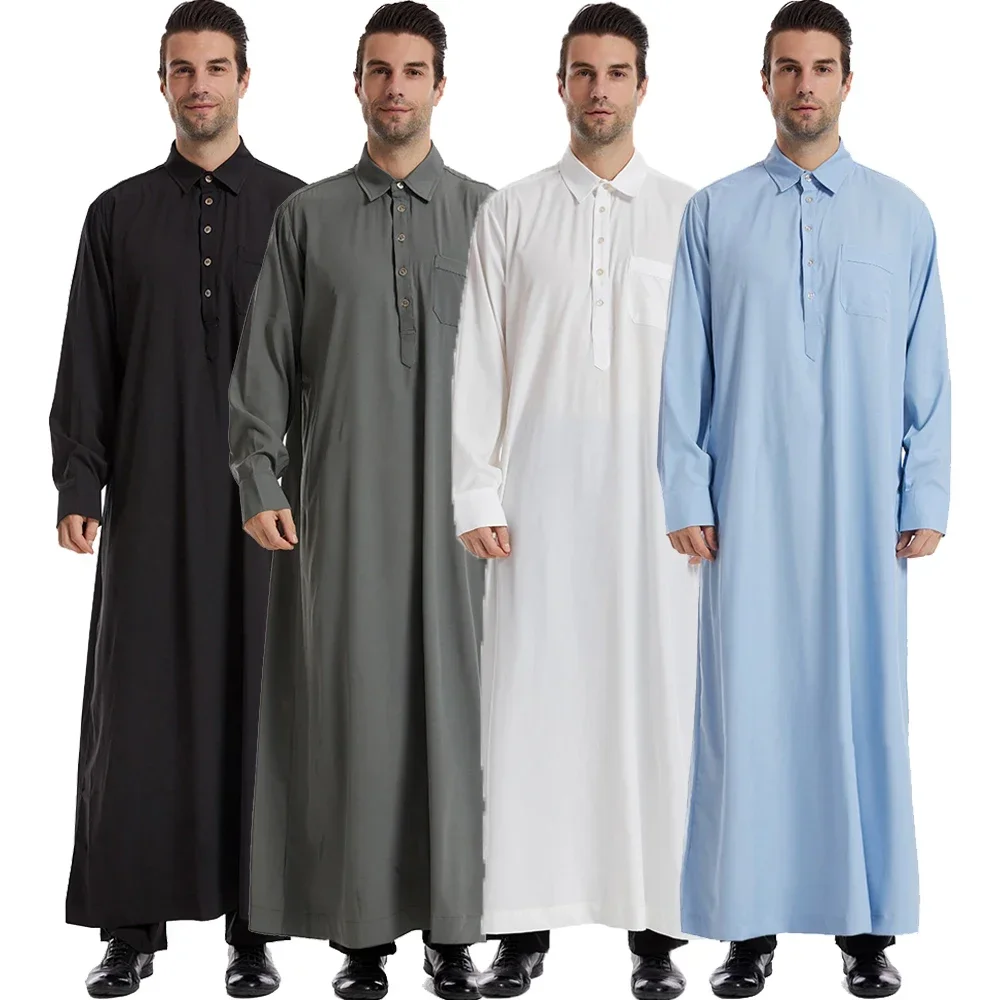 Musulmano Medio Oriente Manica Lunga da Uomo Jubba Thobe Ramadan Robe Arabo Islamico Tinta Unita Caftano Thawb Maxi-Mustile Dubai Lungo Abaya
