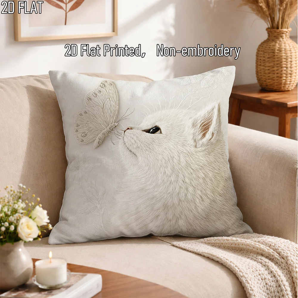 1pc Vintage Cream White Cat and Butterfly Decorative Throw Pillow Cover for Living Room Bedroom Sofa