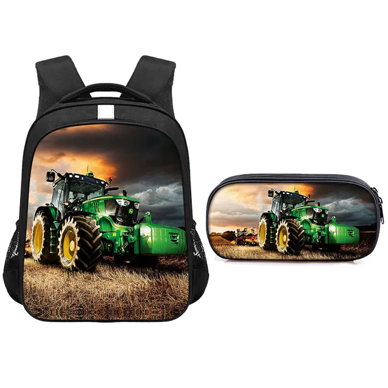 2pcs Set Cartoon Tractor Print Backpack Excavator Pattern Boys Girls School Bags Student Bookbag Pencil Box School Supplies Gift