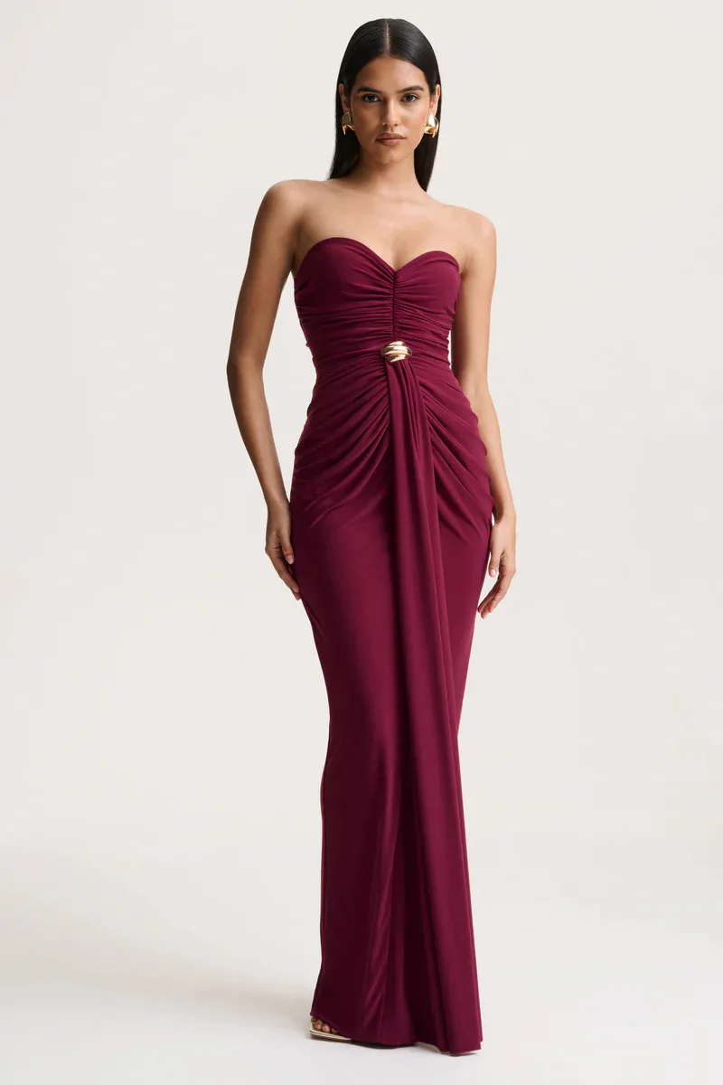 2026 Sommer Trägerloses Gerafftes Damen Maxikleid Elegantes Figurbetontes Abendkleid Plissiertes Partykleid Lässiges Einfarbiges Clubwear