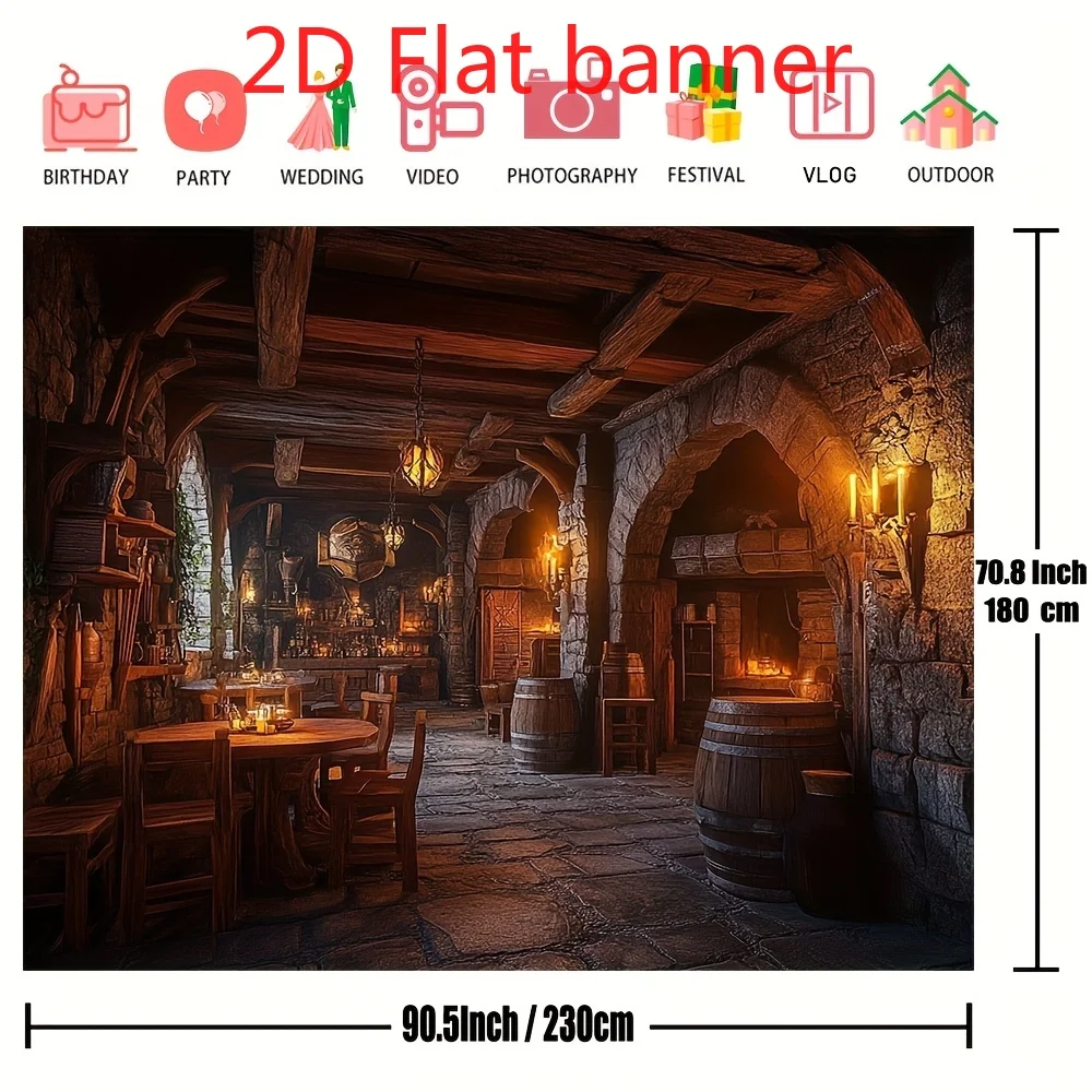 2D Flat,Medieval Tavern Stone Arch Fireplace Tapestry Fantasy RPG Wall Art Man Cave Decor Cozy Dungeon Interior Background Print - view 3