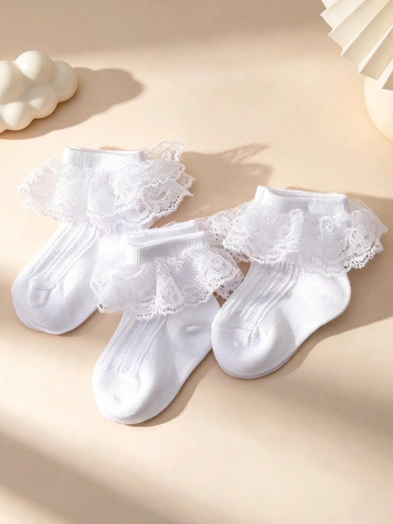 3 Pairs of Baby Girl's Socks White Lace Trim Sweet Lady Style Soft and Breathable Mesh Short Socks For Toddlers Infants Newborns view 3