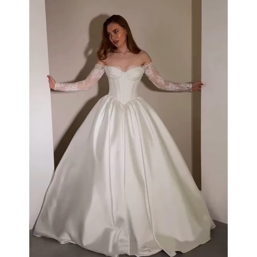 Romantische op maat gemaakte lieverd a-lijn lange mouwen satijnen trouwjurken off-shoulder bruidjurken voor dames vestido de noiva