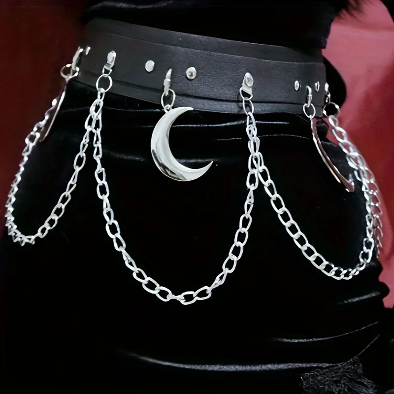 Moon Pendant Chain Fringe Goth Belt Punk Black PU Leather Belts Vintage Waistband For Women Girls_maomaolike.com