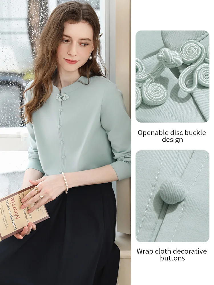 I BELIEVE YOU Chinese Long Sleeved T-shirt Top for Women Autumn 2025 Stand Collar Buckle Temperament Tees Office Lady 2253016123