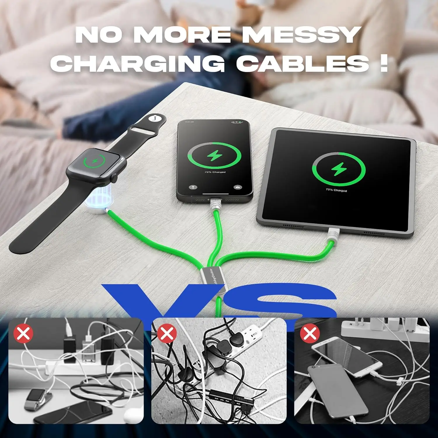 كابل USB C ثلاثي فليكس 3 في 1 لشاحن ساعة أبل سيليكون 100 وات كابل شحن متعدد شحن سريع · مبيعات المصنع مباشرة #5