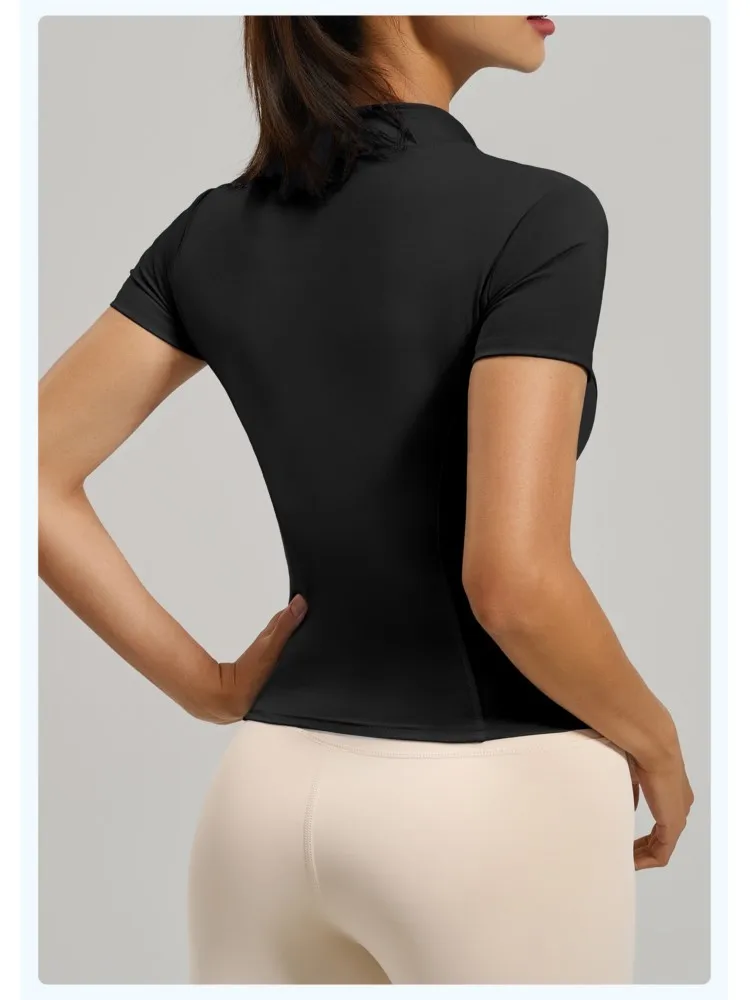 Sports Short Sleeve Top Women Gym Yoga Top Workout Clothes Sports T Shirt Fitness Activewear Running Tight Zipper Tops
