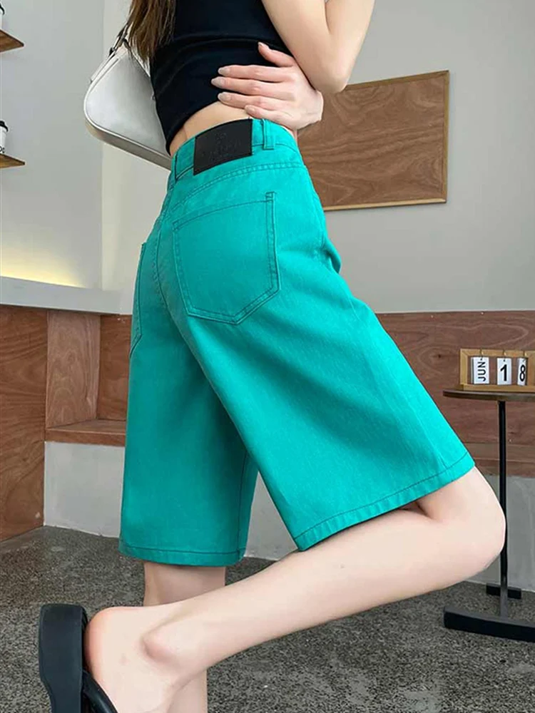 Pantaloncini a gamba larga in denim incrociato al ginocchio da donna estate 2025 nuovi popolari pantaloni a 5 punti a gamba dritta alla moda casual a vita alta