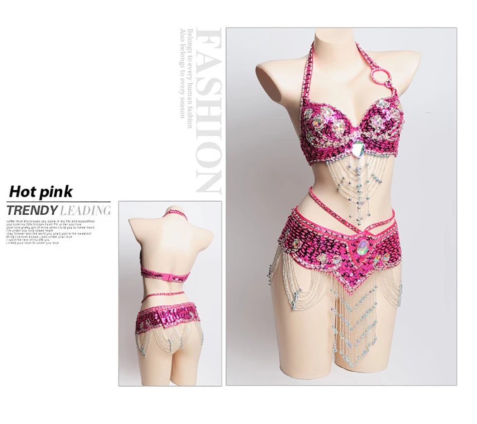 حمالة صدر وحزام للرقص الشرقي مكونة من قطعتين من حجر الراين المطرز بالخرز للنساء البالغات، دعائم أداء لمرحلة الرقص