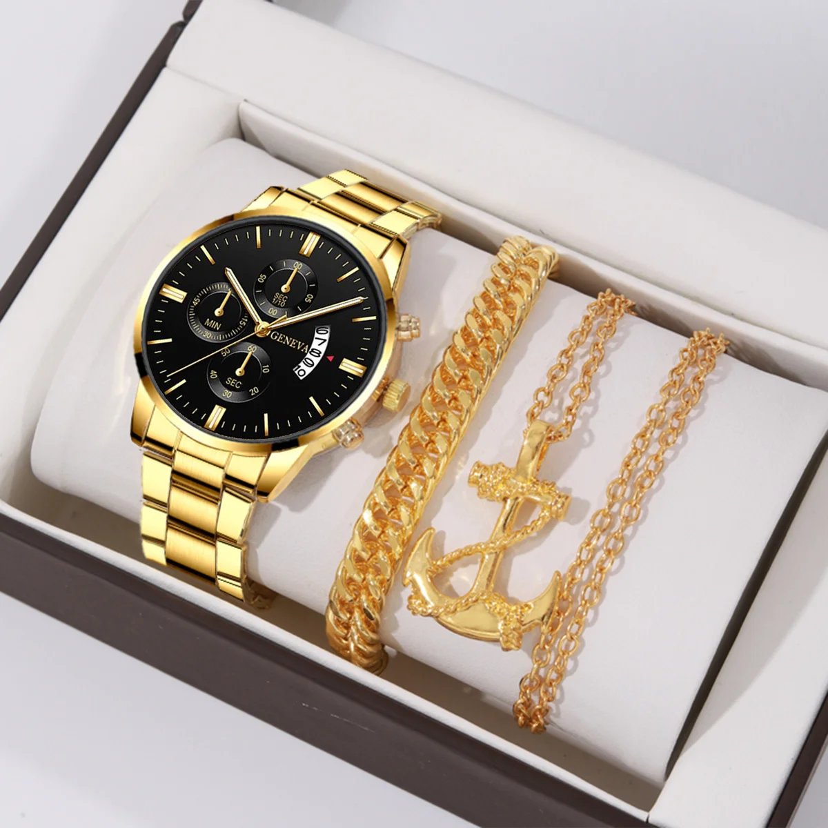 

3pcs/set, Men's Casual Business Analog Watches And Bracelets And Necklace Set