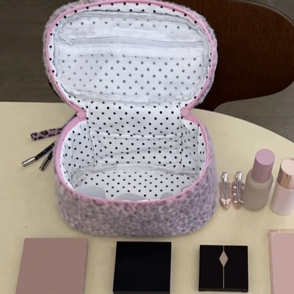 Portable Pink Leopard Print Makeup Bag Large Capacity Zipper Plush Toiletry Organizer Top Handle Smooth Material Cosmetic Bag