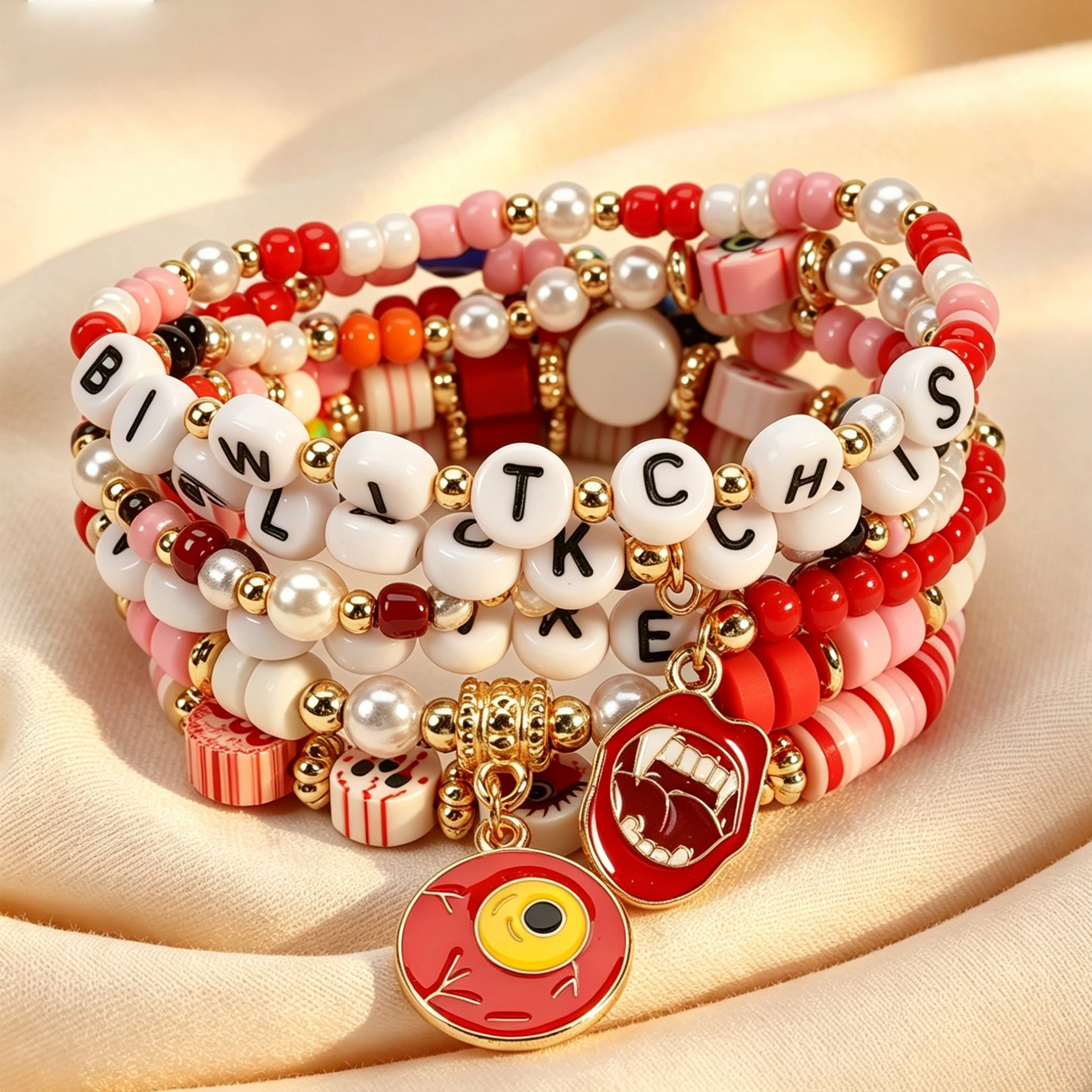 Red Enamel Terrifying Eyes Charm Bracelet Set for Halloween Gift Vintage Ghost Skull Stackable Stretch Beaded Bracelets Jewelry