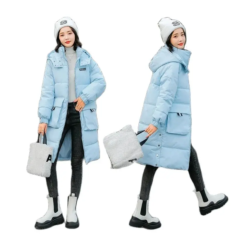 Winter 2023 New Long Down Cotton-Padded Jacket Women's Hooded Thick Warm Coat Loose And Versatile Casual Pocket Overcoat