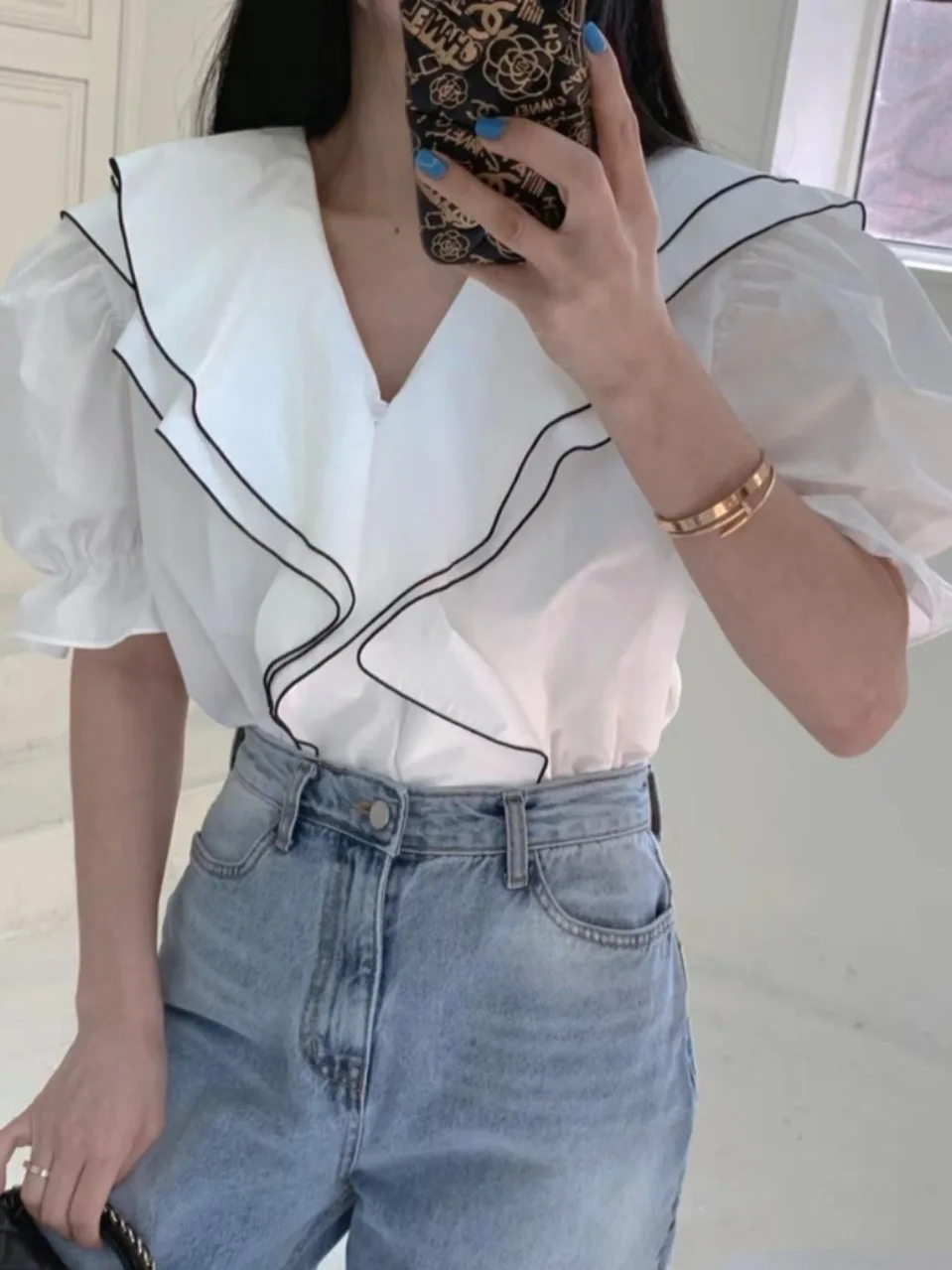 

Loose Women's ort Sve irt Summer New Sle Dongda Gate Lace Trim Korean Design Sensation Faionable Top Women's Clothing