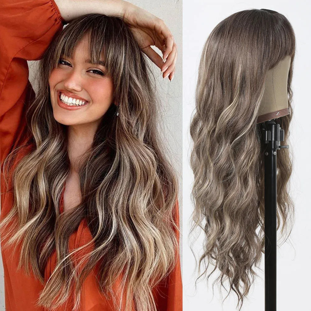 Balayage Brown Long Wave Perruques pour Femmes, Afro Synthétique Corps Ondulé Highlight Perruque avec Frange pour 03/Cosplay Chaleur Degré