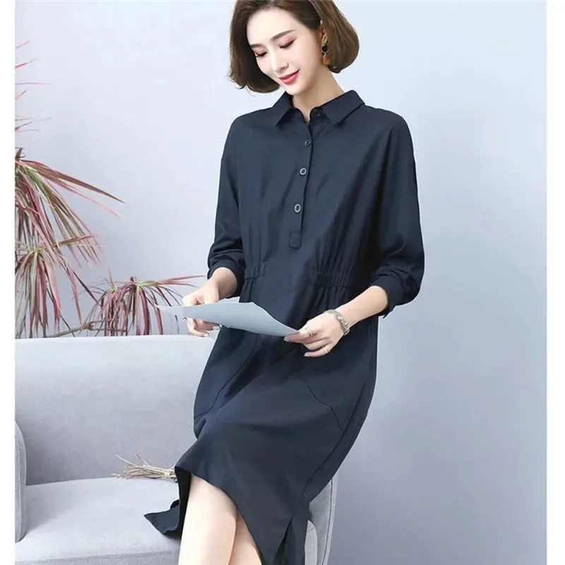 Fashion Cotton Linen Dress Female 2024 Spring Summer Autumn New Shirt Dresses Thin Elastic Waist Women's Dress Vestidos