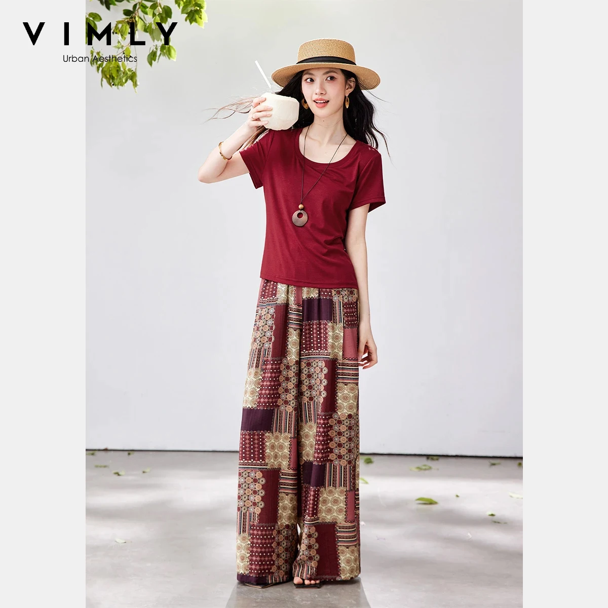 

VIMLY Casual Vacation Outfit Women Crew Neck Straight Short Sleeve Top Ethnic Geometric Print Wide Leg Pant 2 Piece Set A6186