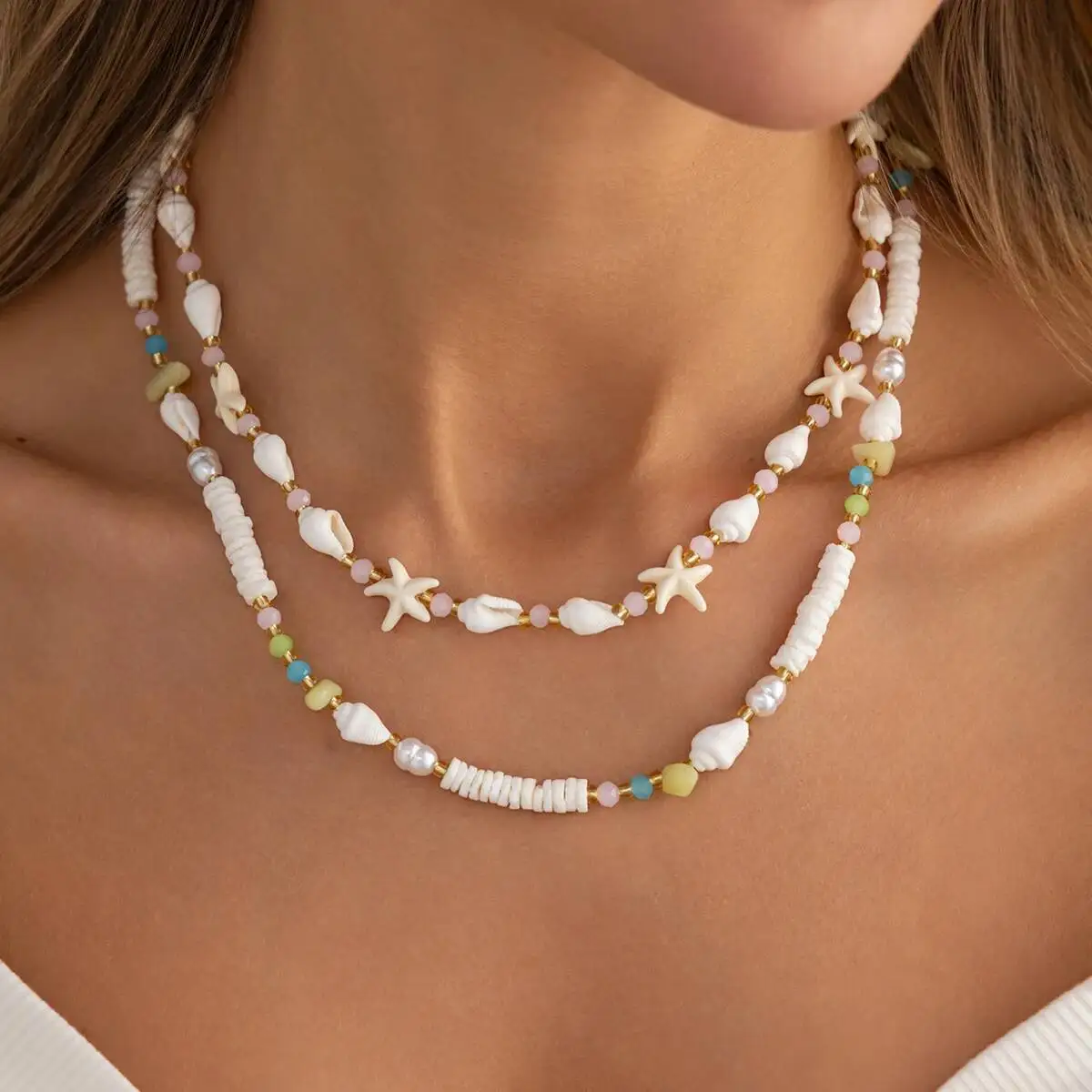 Salircon 2Pcs/Set Summer Boho Crystal Starfish Conch Choker Necklace for Women Exquisite Elegant Clavicle Chain Vacation Jewelry