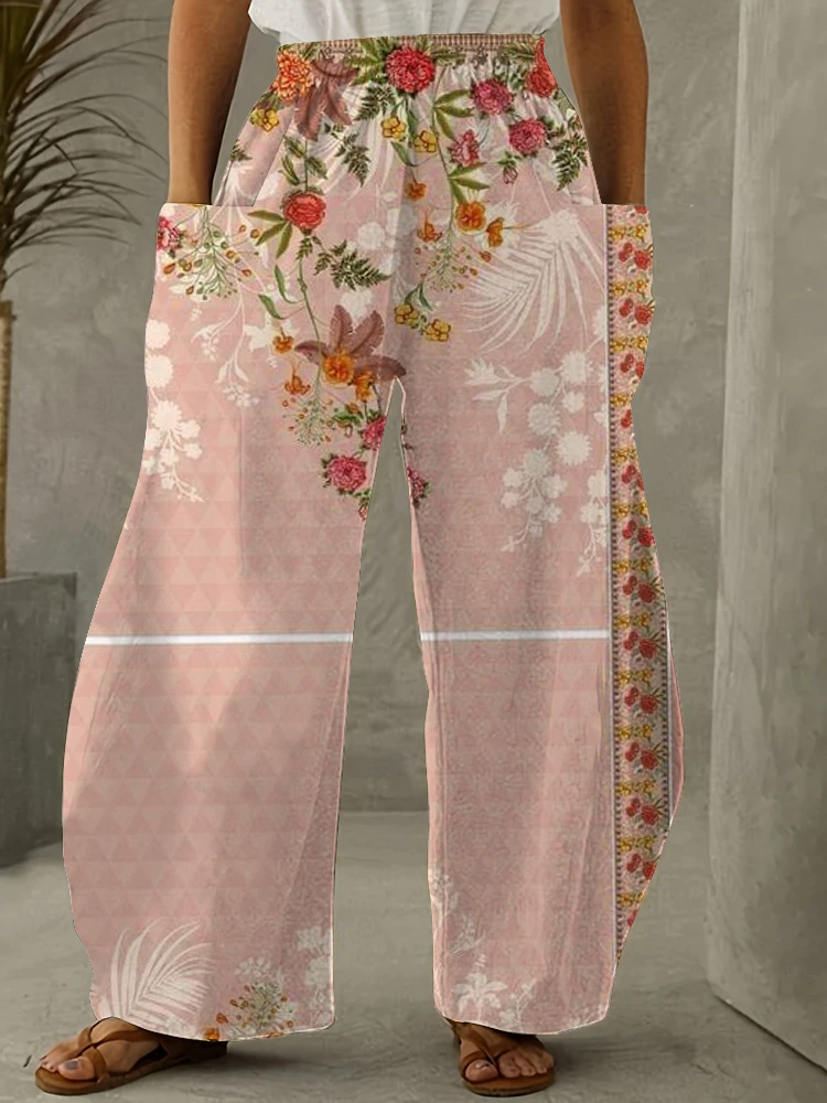 

Women's Casual Pants Plus Size Wide Leg Pants Retro Flower Print Street Elegant Women's Pants Sporty Women's Lantern Pants