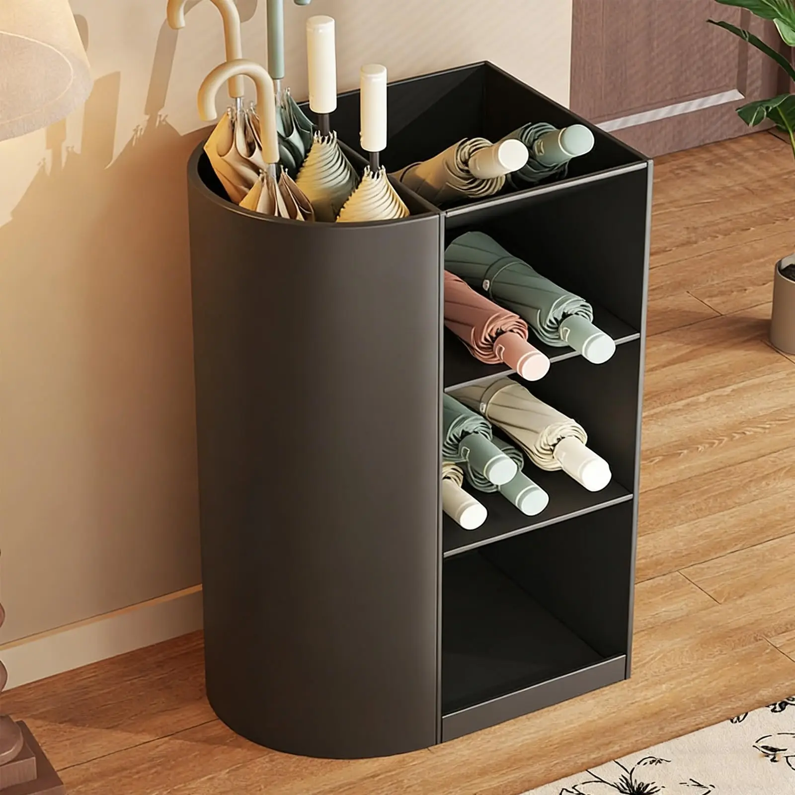 Iron Umbrella Holder Rack with Drip Tray, Entryway Metal Umbrella Stand Storage Bucket Holds 8-16 Umbrellas & Walking