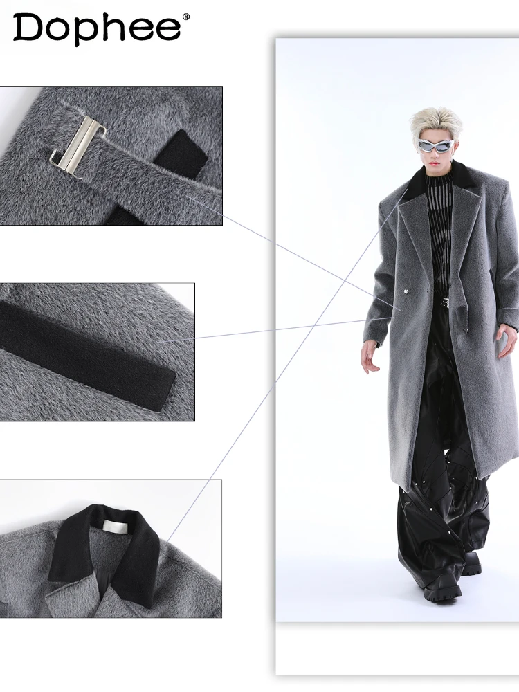 

Men's 2024 Winter New Trendy Blends Contrast Color Lapel Button Belt Design Over Knee High-end Trench Coat Jacket Woolen Coats