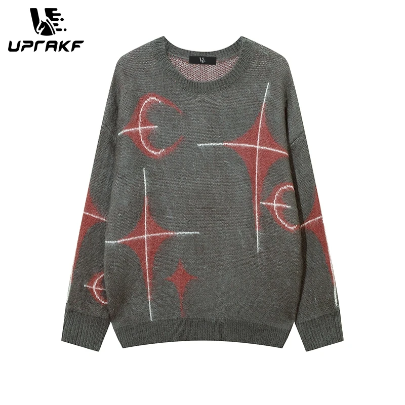 UPRAKF Y2K Star & Moon Graphic Sweater: Soft & Oversized Unisex Harajuku/Hip-Hop Black & Grey Streetwear