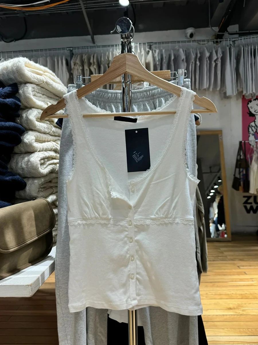 الأبيض القطن الدانتيل تقليم سليم تانك القمم المرأة الصيف U طوق واحدة الصدر بروتيل بسيط عادية الحلو أكمام المحاصيل القمم Y2k