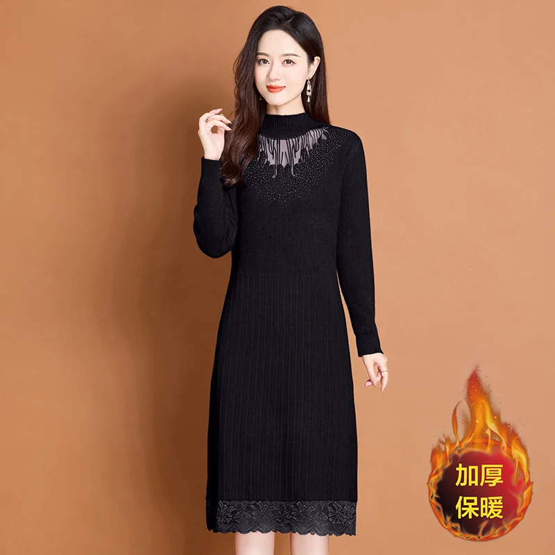 Women Sexy Hollow Long Lace Sweater 2024 Winter Thick Velvet Knit Dress Elegant Ladies  Elastic Slim Lace Bottom Sweater Dresses