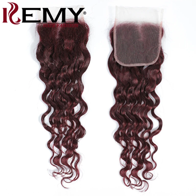 Tissage en Lot Brésilien Remy avec Closure, Cheveux Naturels Ondulés, Couleur Rouge 99J, 3 Pièces